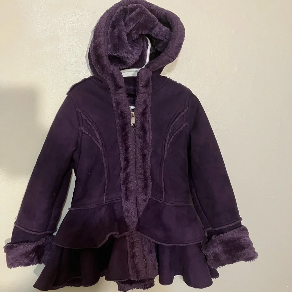 Hawk & Co faux fur lined faux suede girls ruffle coat size 5